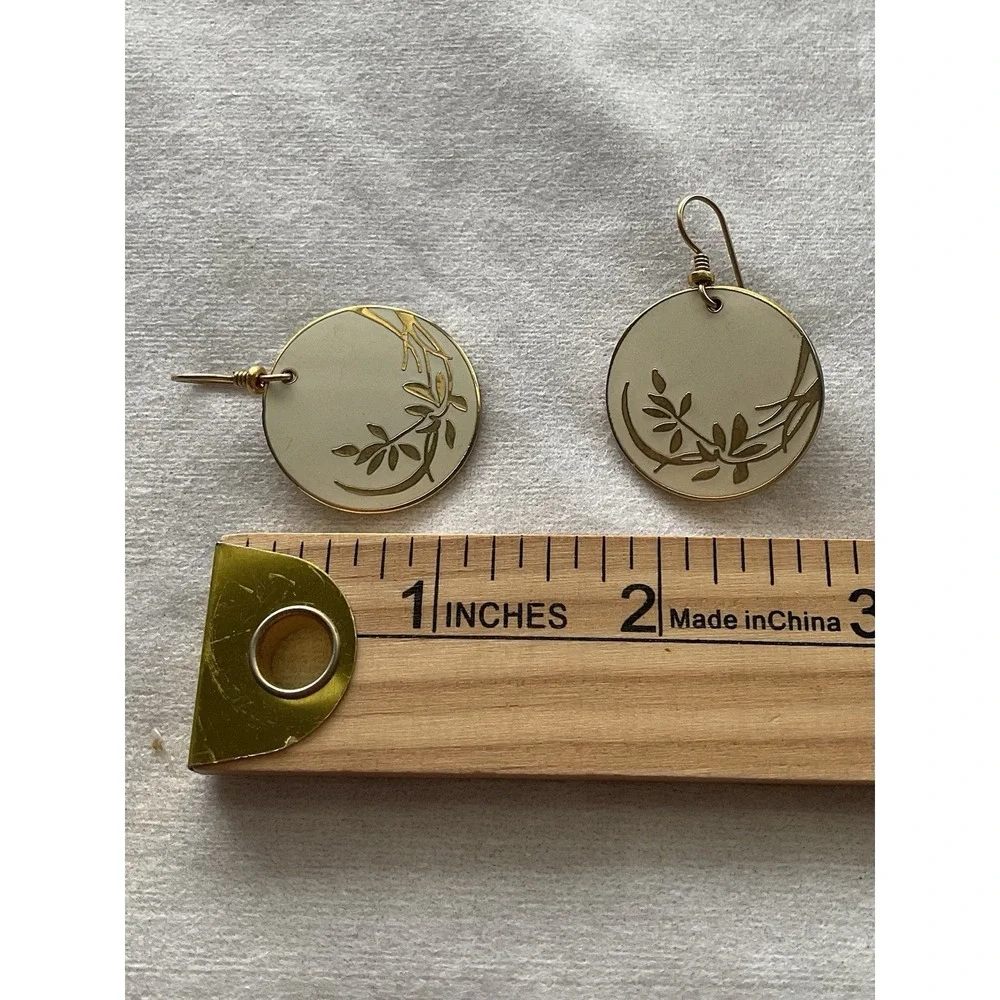 vintage Laurel Burch cloisonné floral dangle Disc earrings Gold Tone Enamel